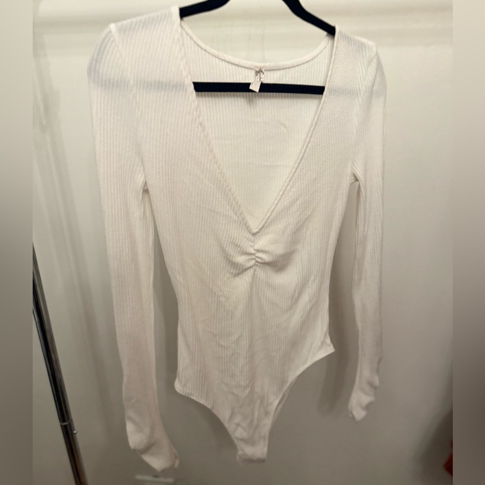 Free People Ribbed White V-Neck Bodysuit